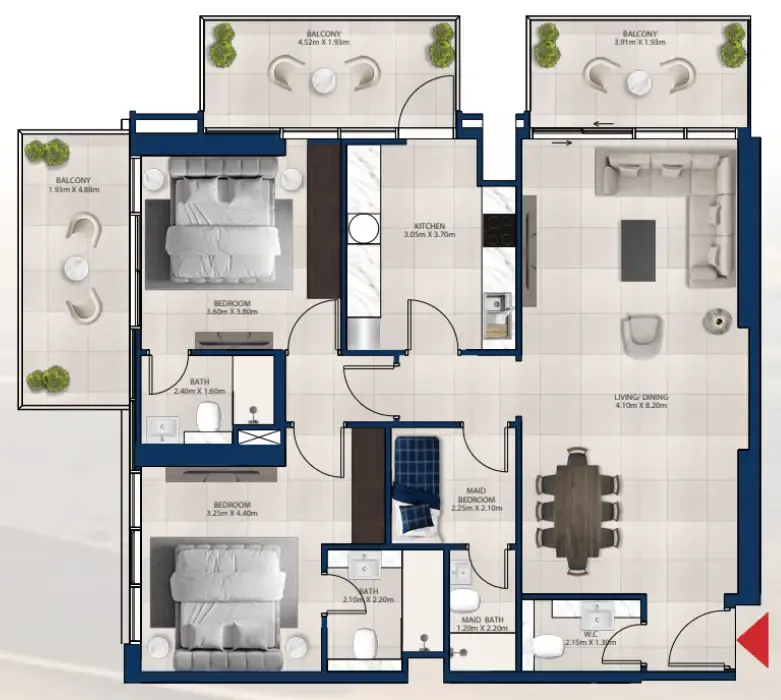 Al Vista 2 bed floor plan, 1,450 sqft