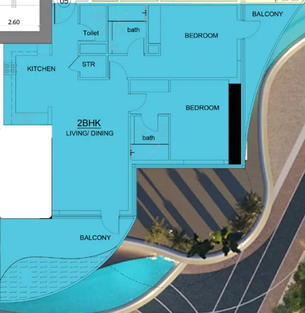 Volga Tower 2 bed floor plan, 1,341 sqft