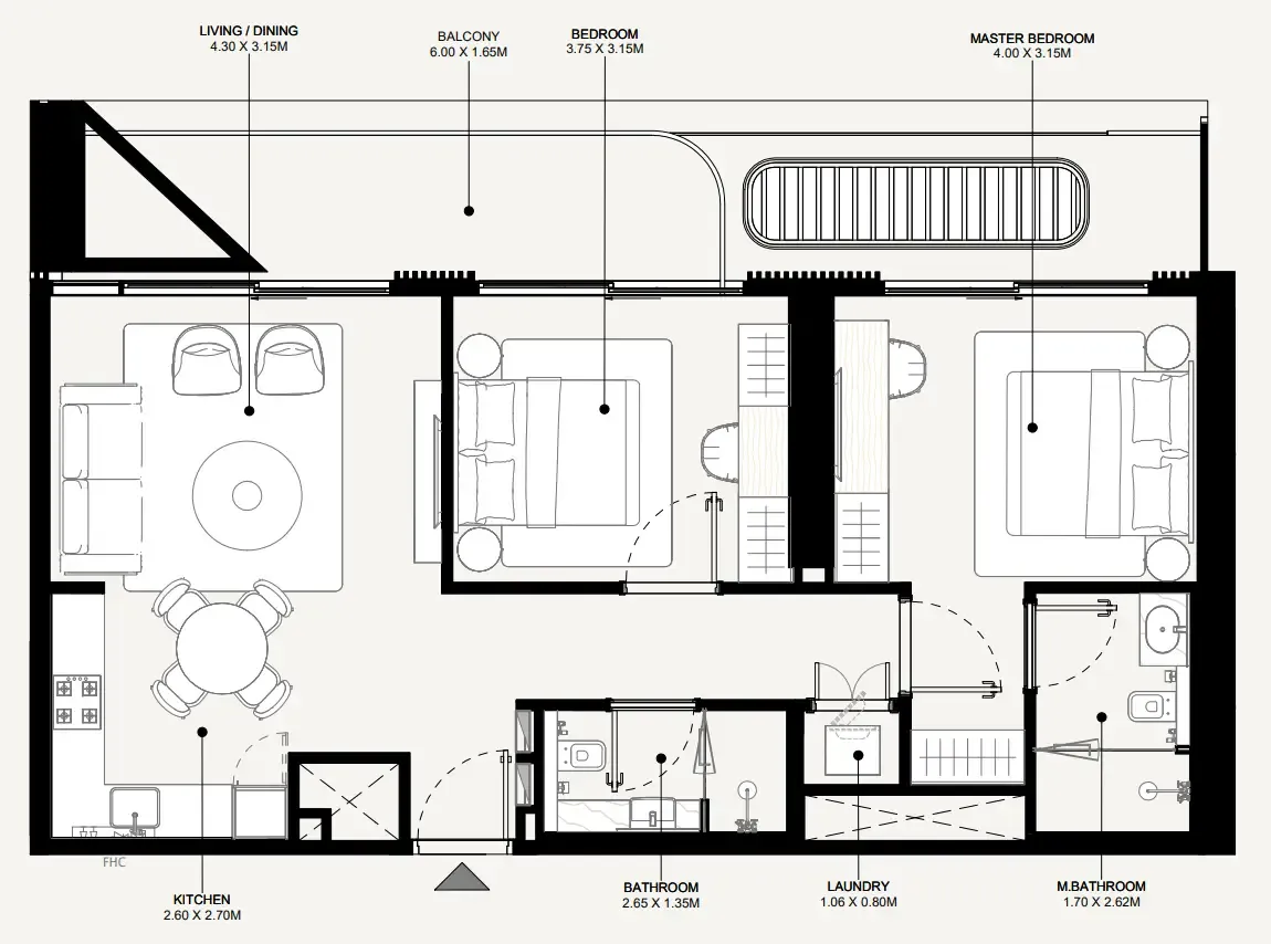 Azizi Abraham 2 bed floor plan, 961 sqft