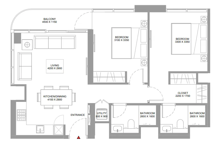 Pristine Beach Residences 2 bed floor plan, 863 sqft