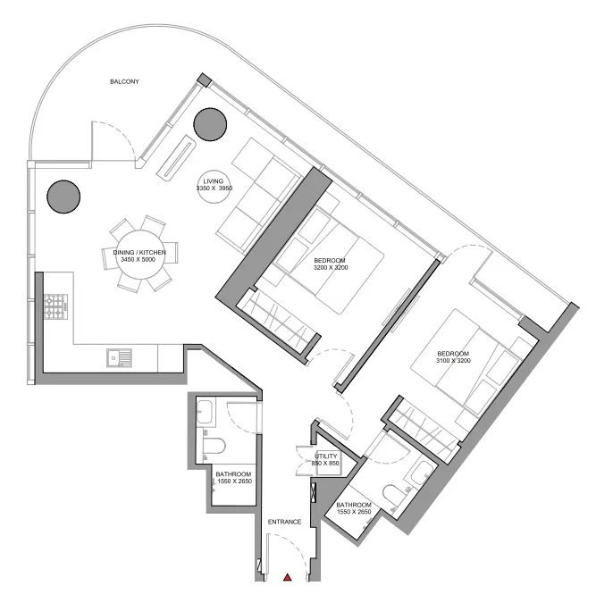 Sobha Solis 2 bed floor plan, 1,125 – 1,127 sqft