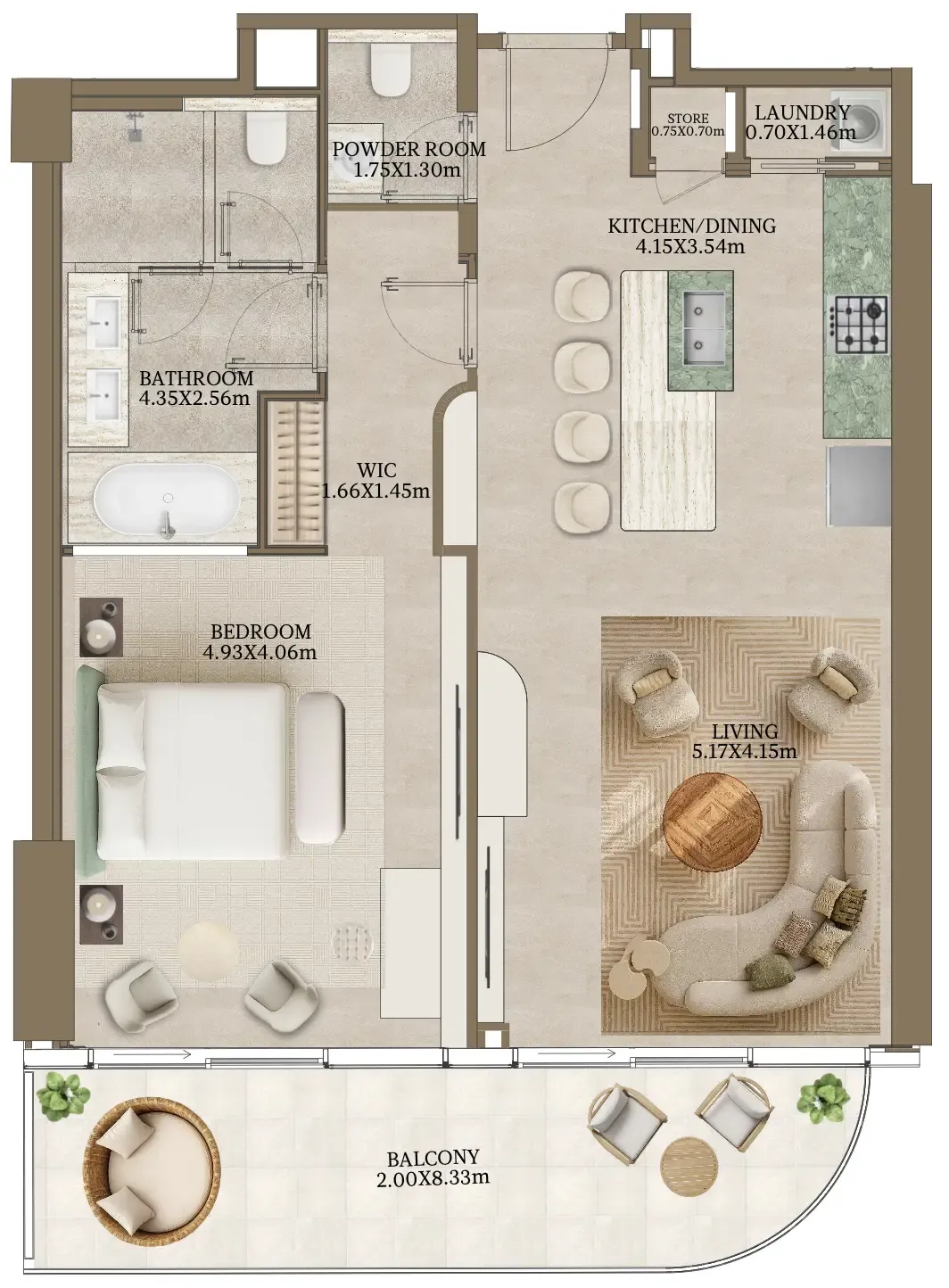 Nasim Al Bahr Residences 1 bed floor plan, 1,068 sqft