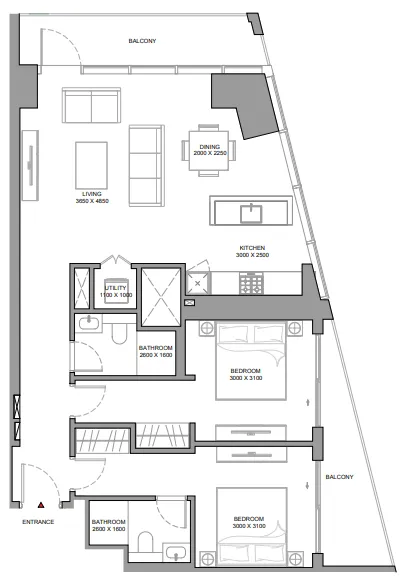 The Eden at Sobha Central 2 bed floor plan, 1,202 sqft