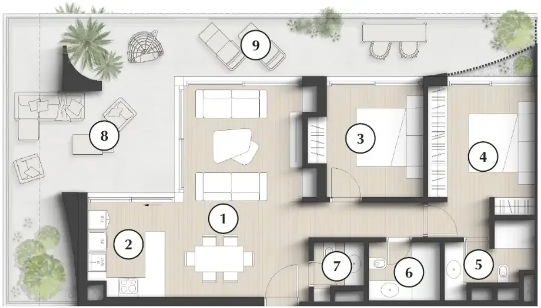 Lunaya Terraces 2 bed floor plan, 1,615 sqft