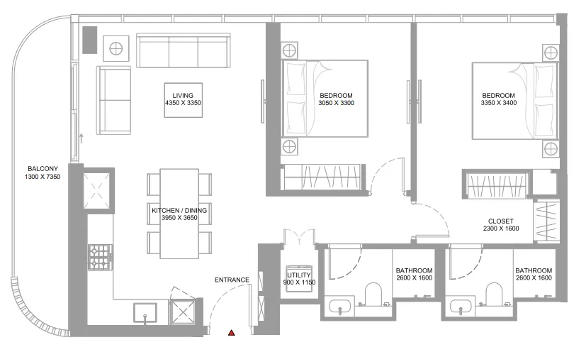 Bayfront Marina Residences 2 bed floor plan, 988 – 989 sqft