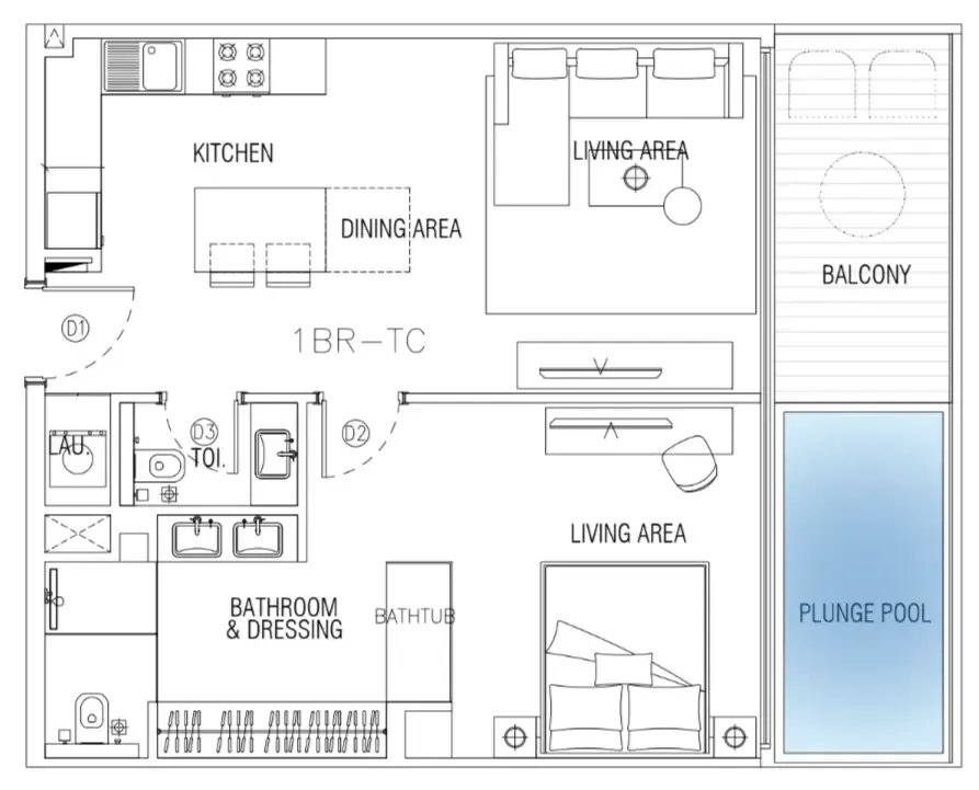 Sky Suites 1 bed floor plan, 830 sqft