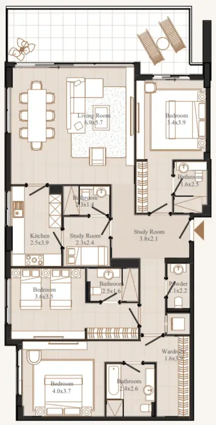Flamingo LUX 3 bed floor plan, 1,956 sqft