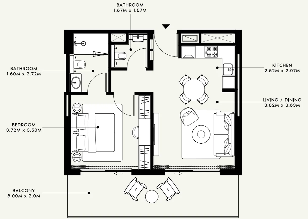 Azizi Venice 1 bed floor plan, 724 sqft