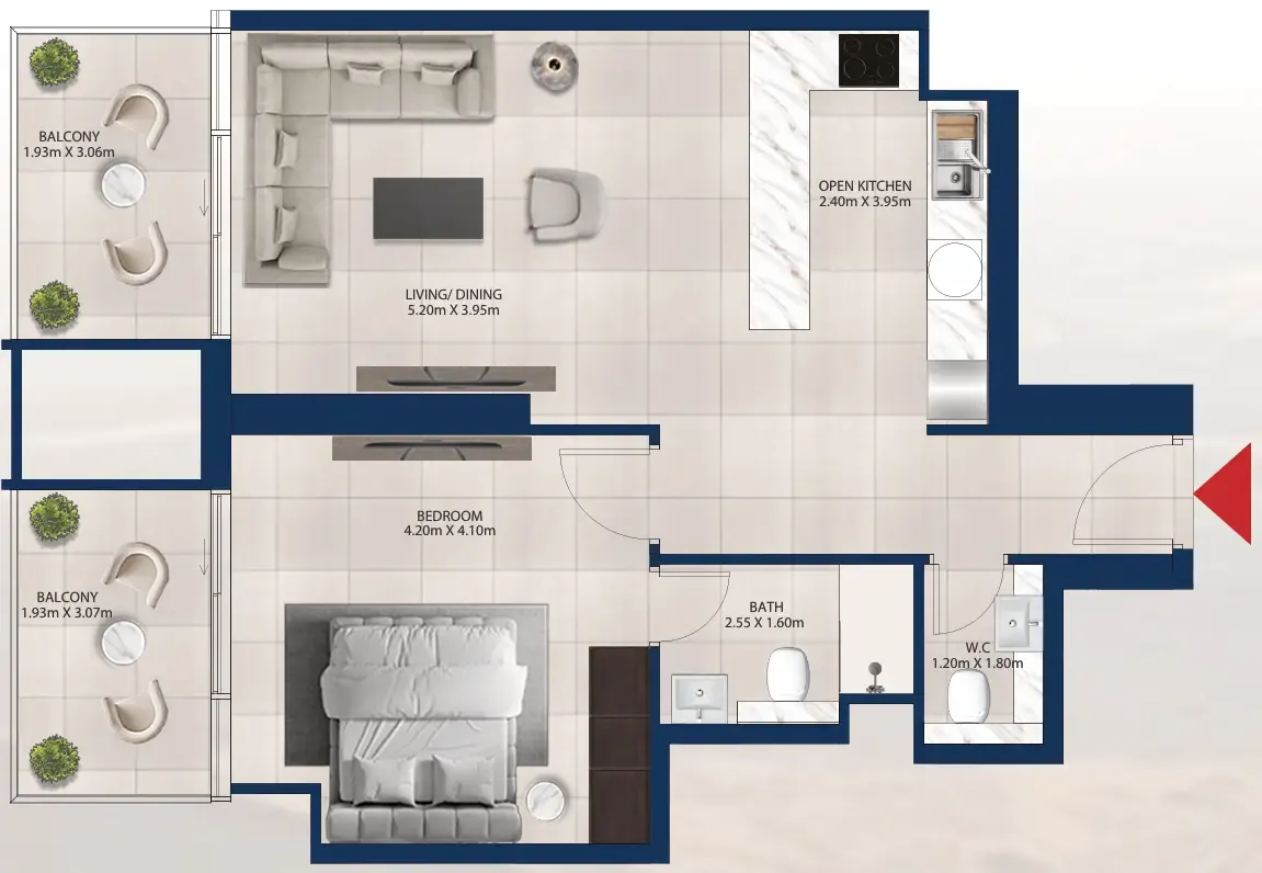 Al Vista 1 bed floor plan, 828 sqft