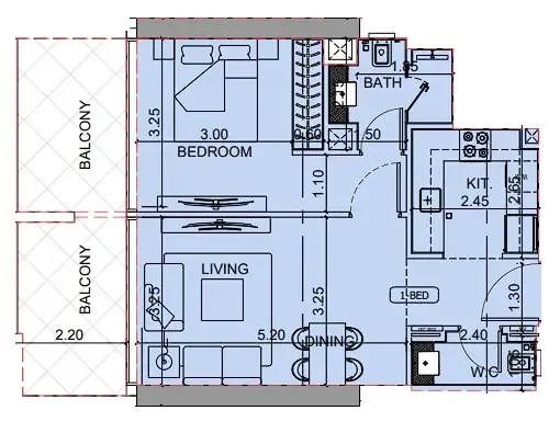 Binghatti Cullinan 1 bed floor plan, 728 sqft