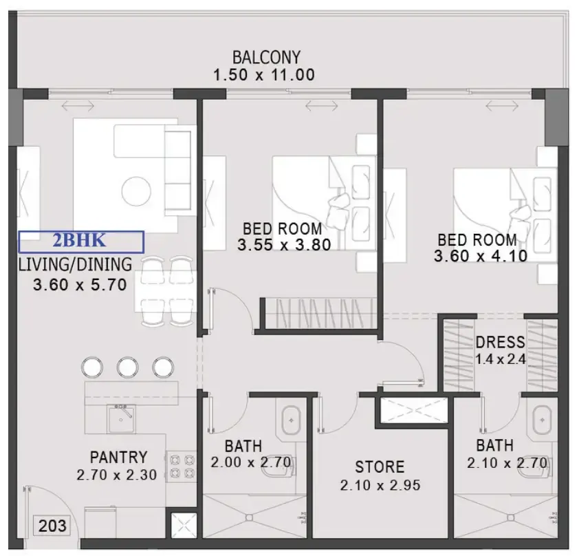 One By Preston 2 bed floor plan, 1,202 sqft