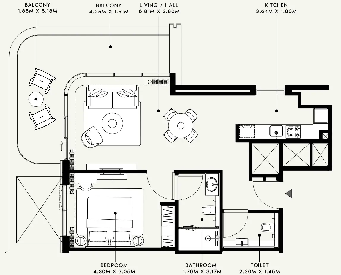 Azizi Venice 1 bed floor plan, 866 sqft