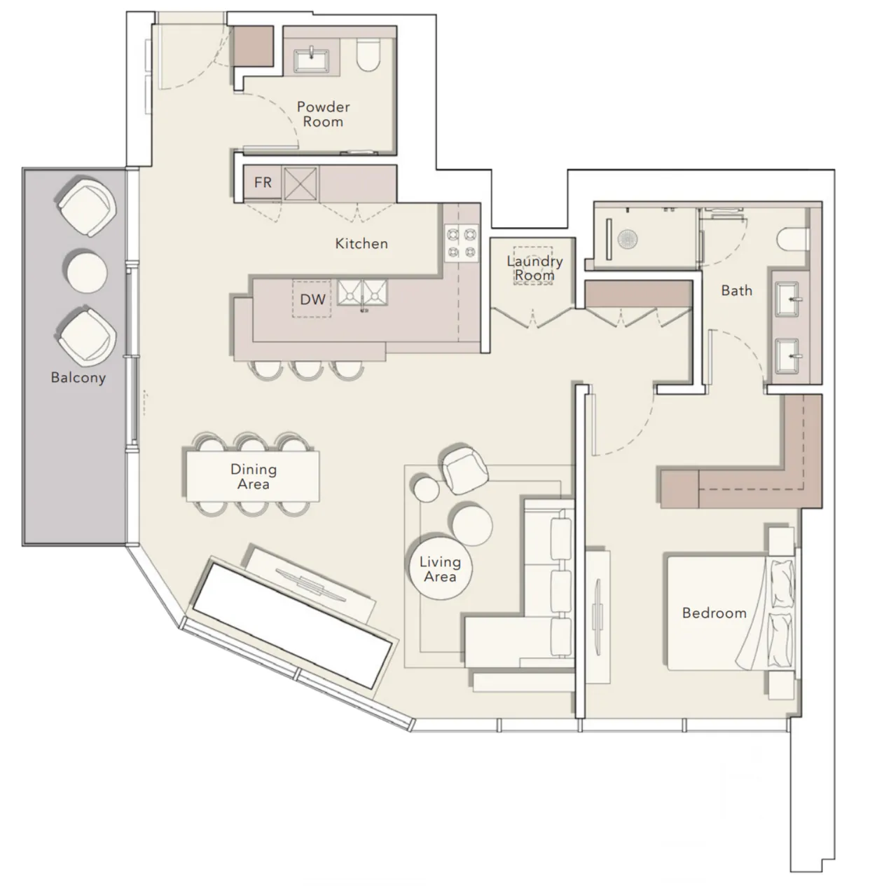 One River Point 1 bed floor plan, 1,198 sqft