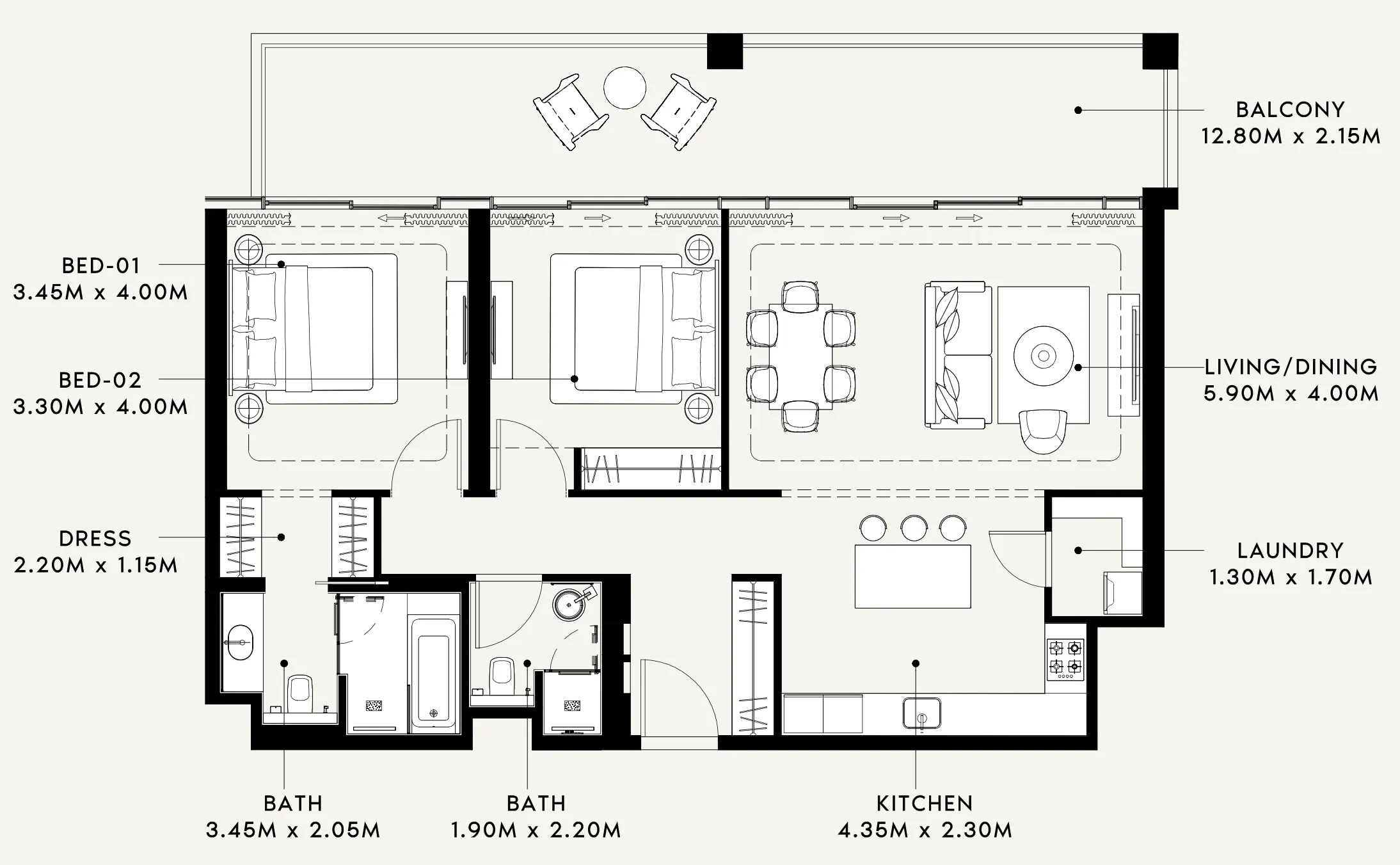 Riviera 60 2 bed floor plan, 1,393 – 1,394 sqft