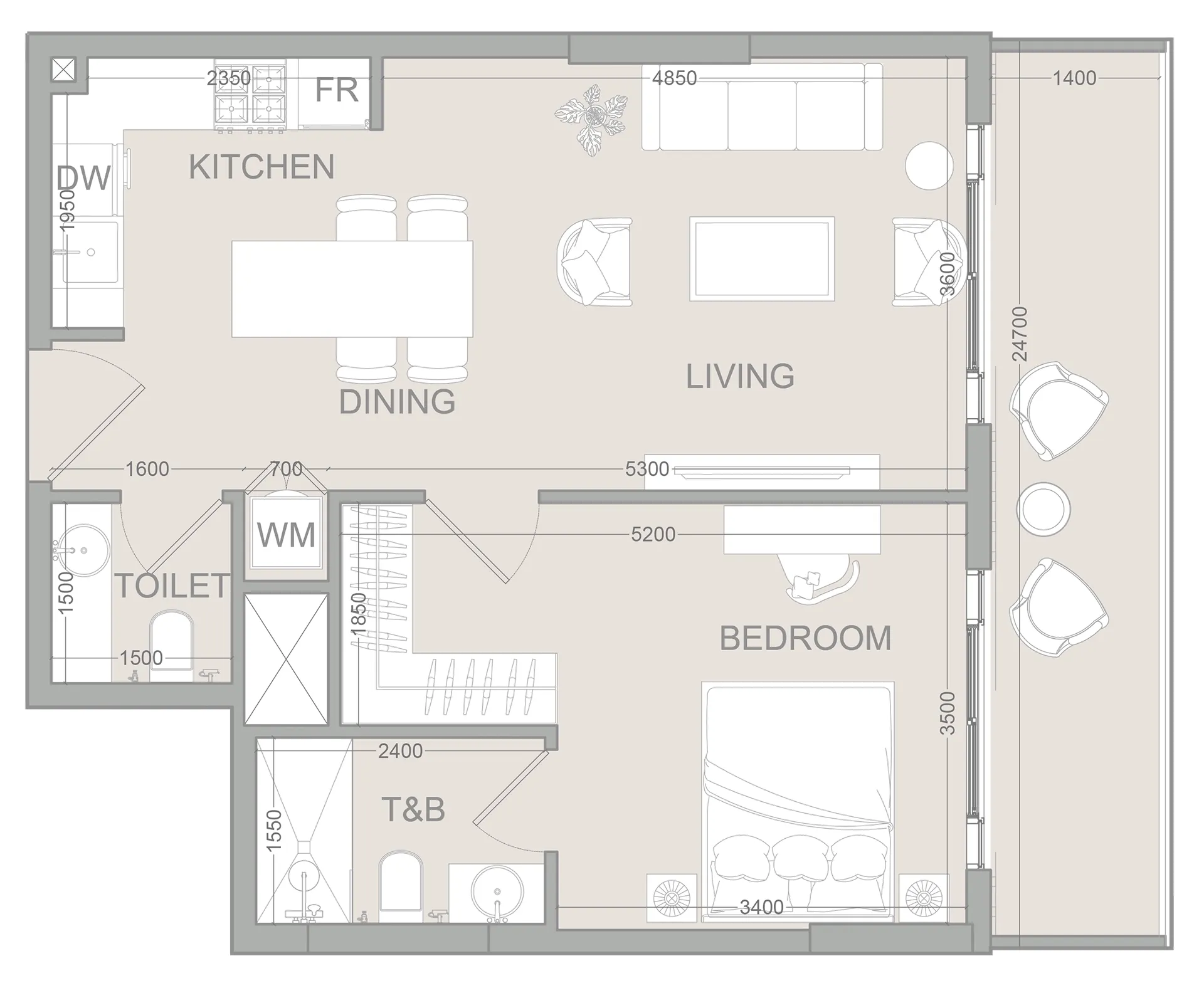 EVERGR1N House 2 1 bed floor plan, 701 sqft