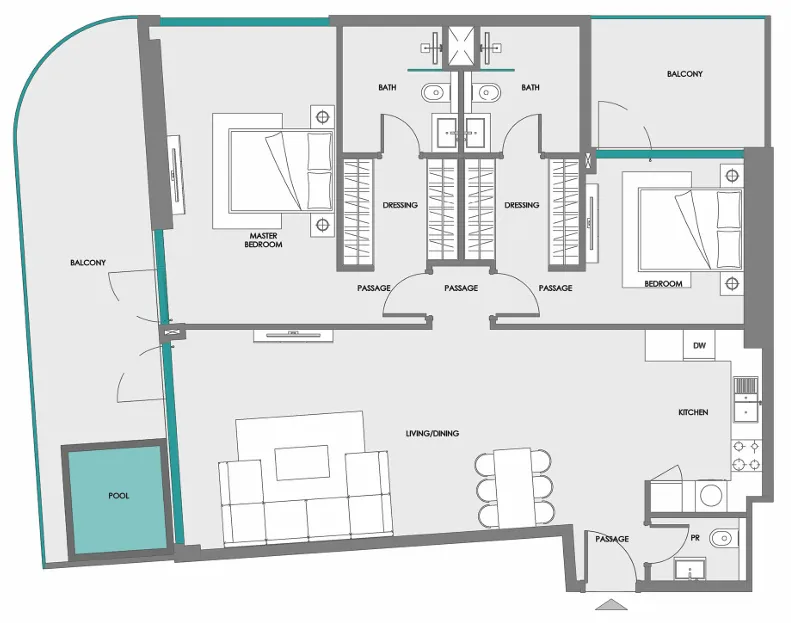 Samana Boulevard Heights 2 bed floor plan, 1,511 sqft
