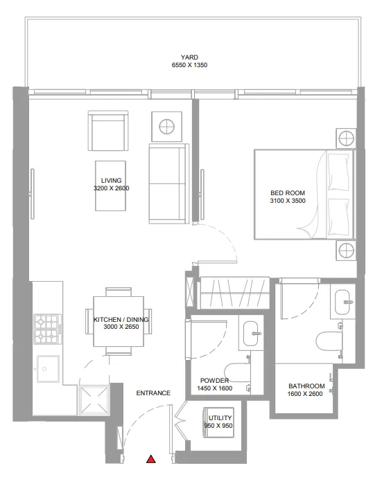 Pierside Marina Residences 1 bed floor plan, 614 sqft