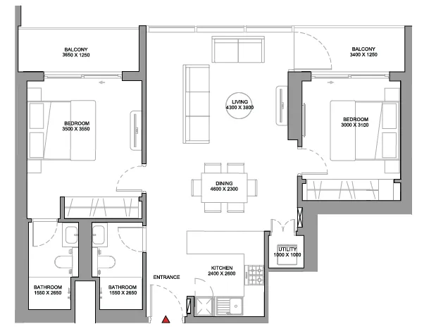 Sobha Orbis 2 bed floor plan, 1,159 sqft