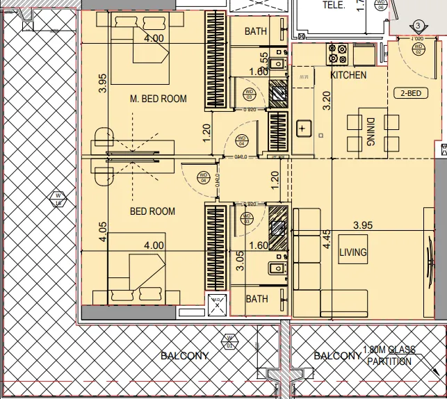 Binghatti Starlight 2 bed floor plan, 1,372 sqft