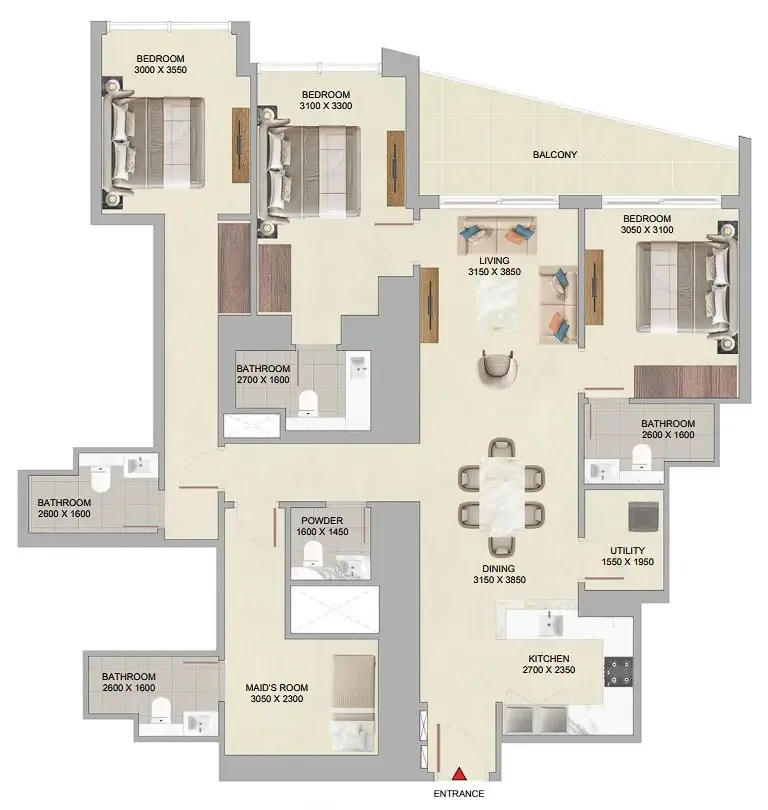 The Serene at Sobha Central 3 bed floor plan, 1,668 sqft