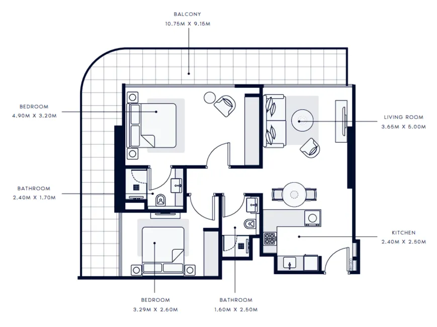 Azizi Grand  2 bed floor plan, 1,107 – 1,183 sqft