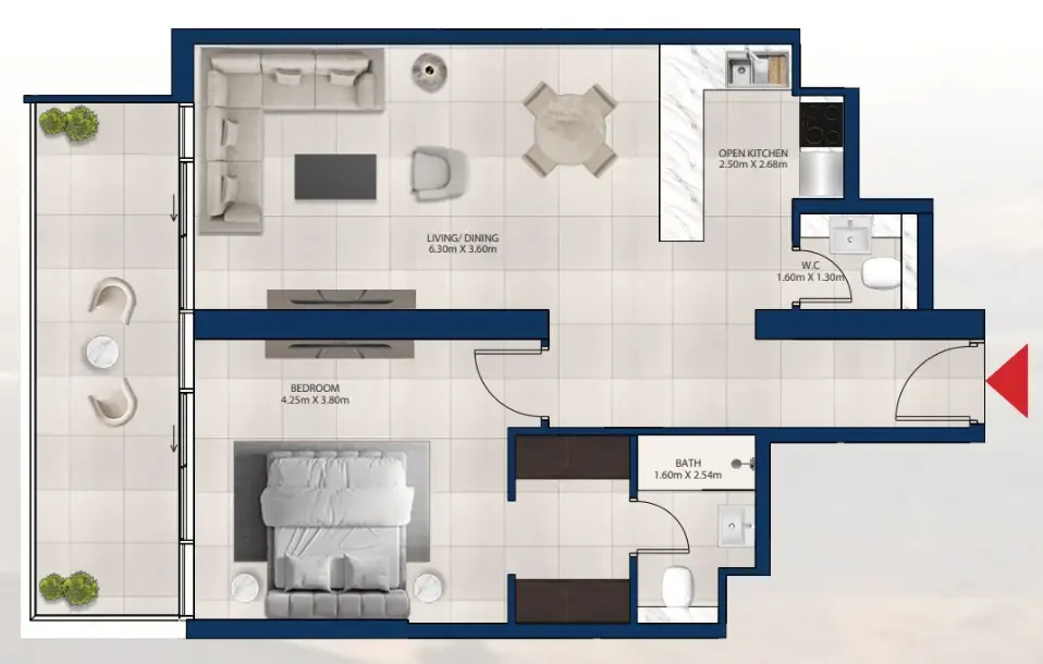 Al Vista 1 bed floor plan, 938 sqft