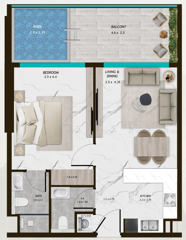 Samana Parkville 1 bed floor plan, 773 sqft