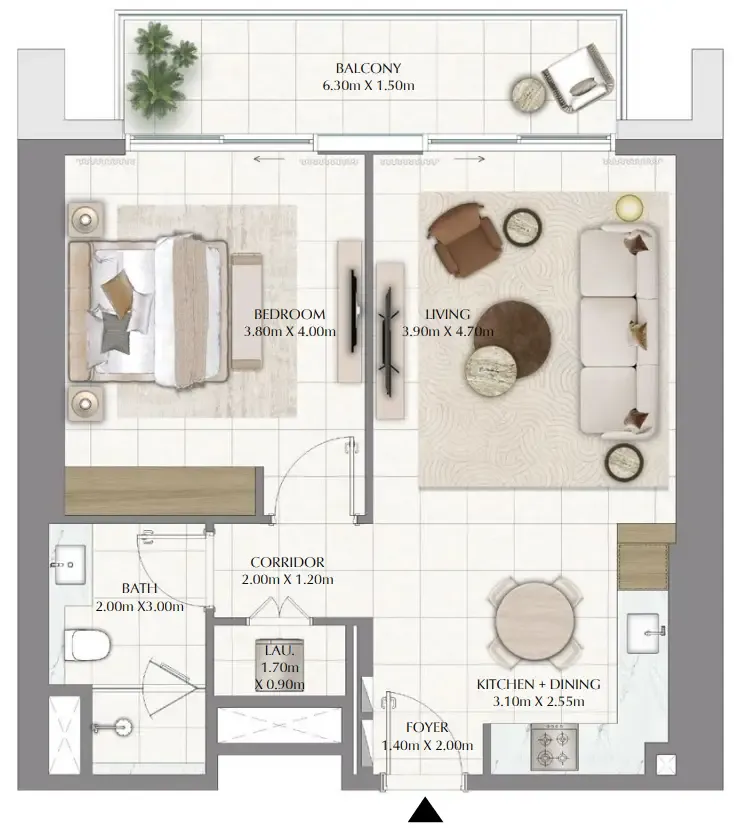 Valia 1 bed floor plan, 817 sqft