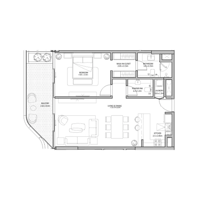 The Blue Beach Residence 2 bed floor plan, 1,505 sqft