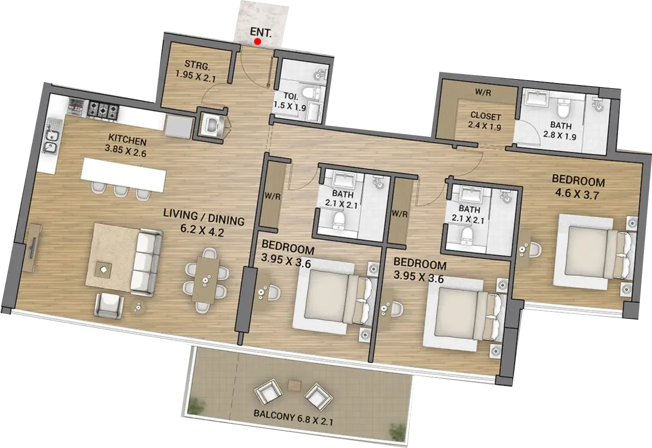 Ocean Tower 3 bed floor plan, 1,777 sqft
