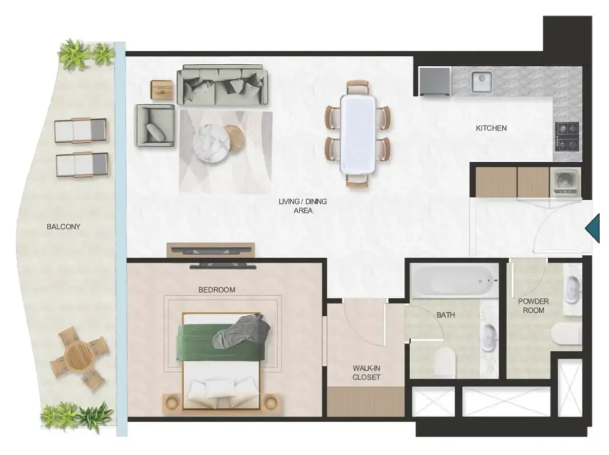 Oystra 1 bed floor plan, 857 sqft