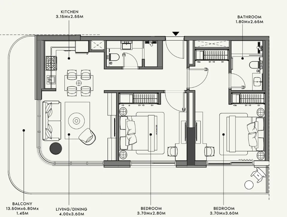 Azizi Venice 2 bed floor plan, 1,167 sqft