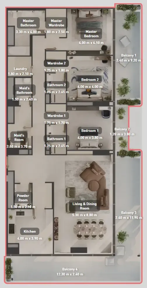 Luluat Marina at Luluat Al Raha 3 bed floor plan, 2,982 sqft