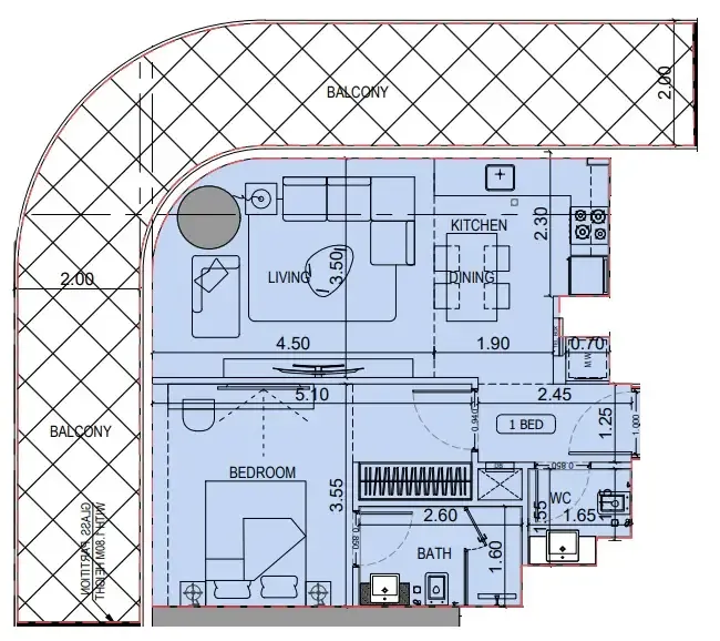 Binghatti Flare 1 bed floor plan, 972 sqft