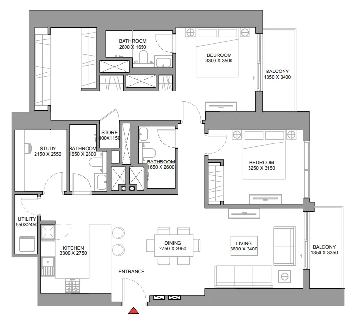 360 Riverside Crescent 2 bed floor plan, 1,459 sqft