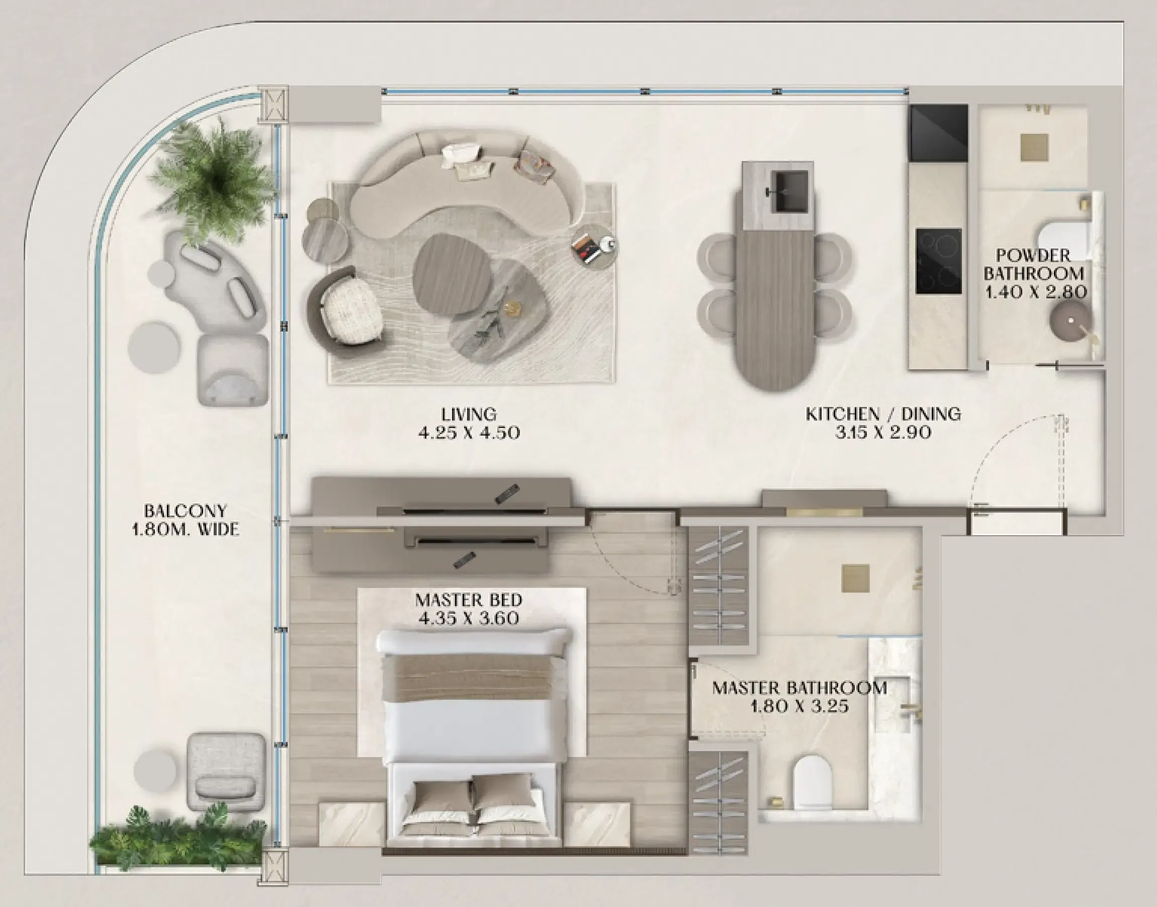 Soléva Beach Residences 1 bed floor plan, 907 sqft
