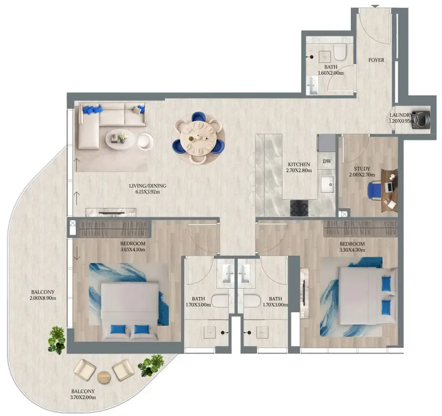 Maravea Residences 2 bed floor plan, 1,363 sqft