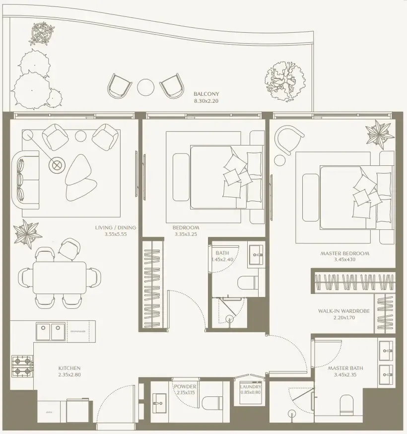 AYA Beachfront Residences 2 bed floor plan, 1,169 sqft