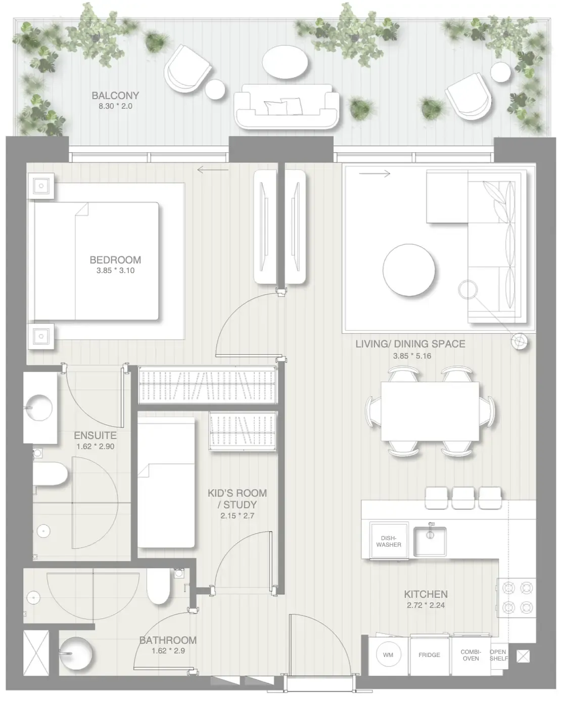 Sol Levante 1 bed floor plan, 883 sqft