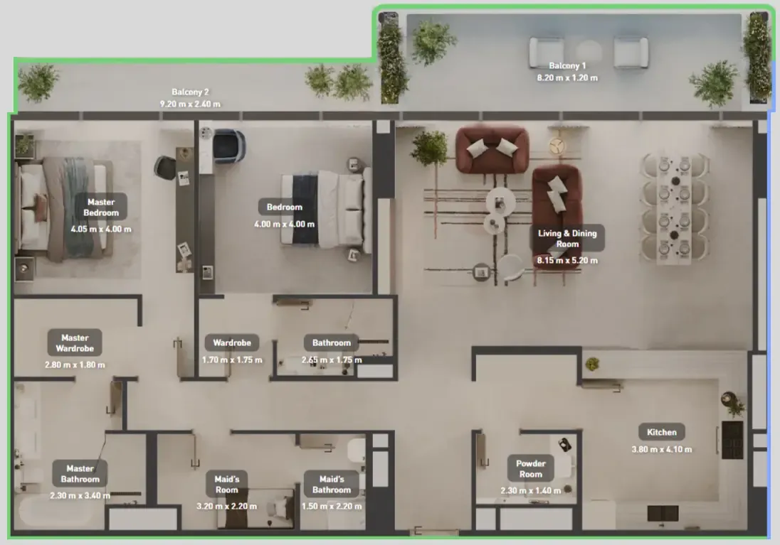 Luluat Marina at Luluat Al Raha 2 bed floor plan, 2,039 sqft