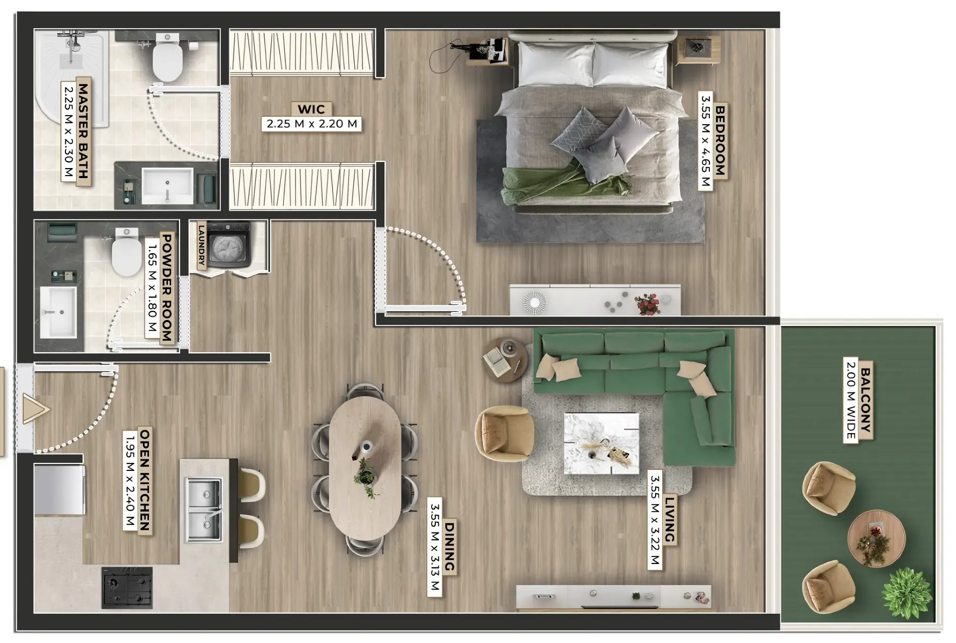 Firoza 1 bed floor plan, 822 sqft