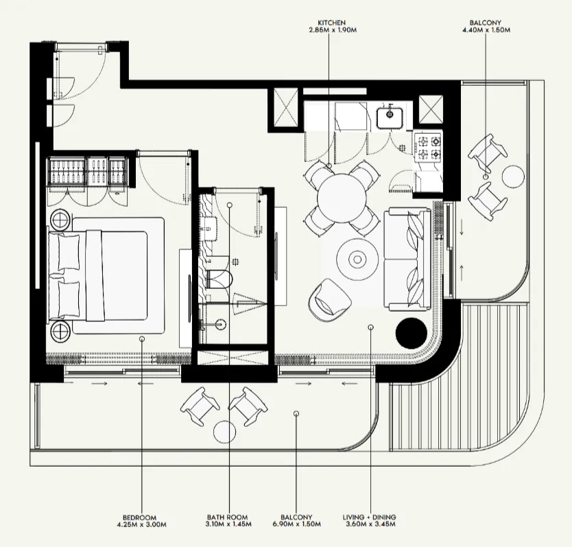Azizi Venice 1 bed floor plan, 709 sqft