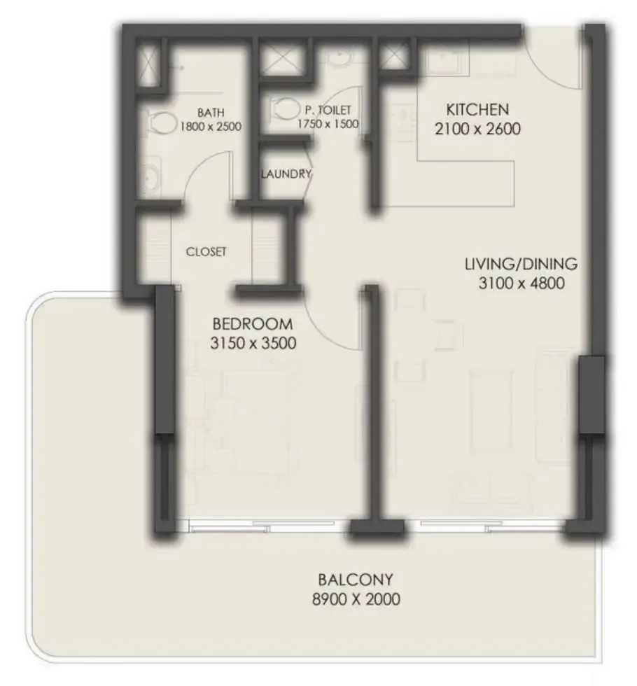 Park Residency 1 bed floor plan, 828 sqft