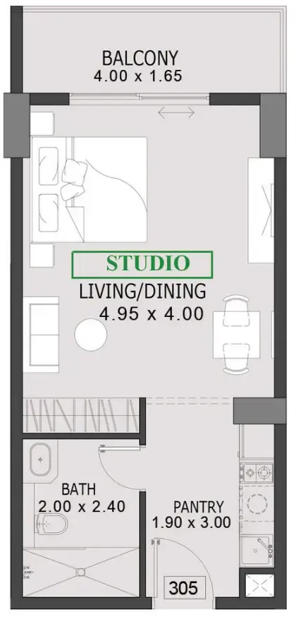 One By Preston Studio floor plan, 447 sqft