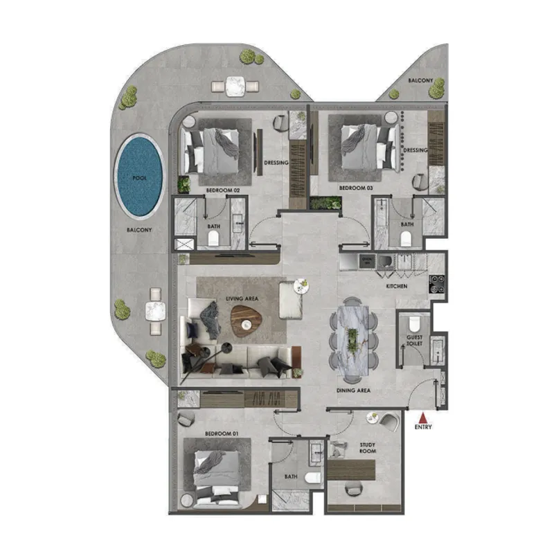 Arya Residences 3 bed floor plan, 1,684 sqft