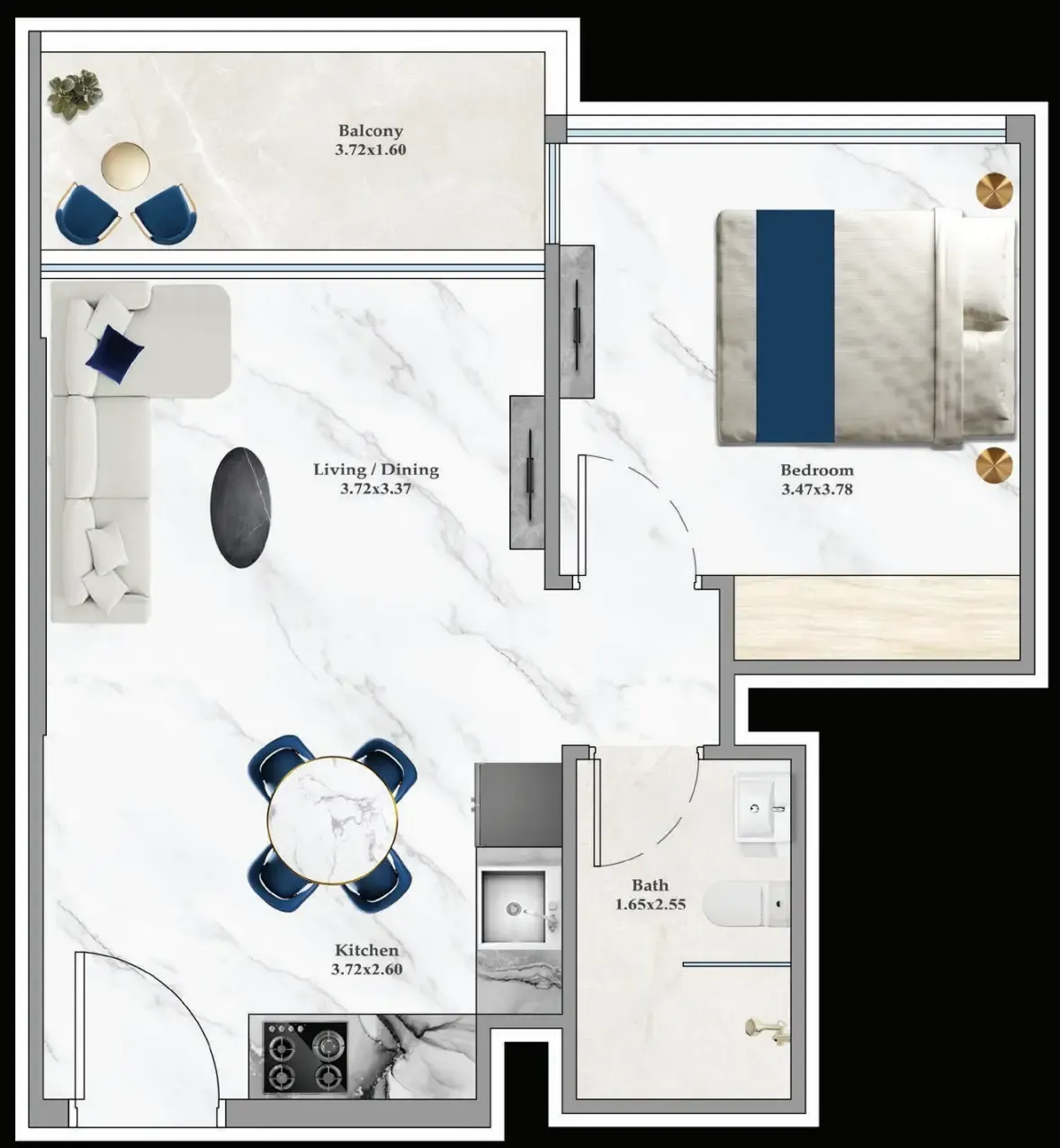 Aspirz 1 bed floor plan, 480 – 489 sqft