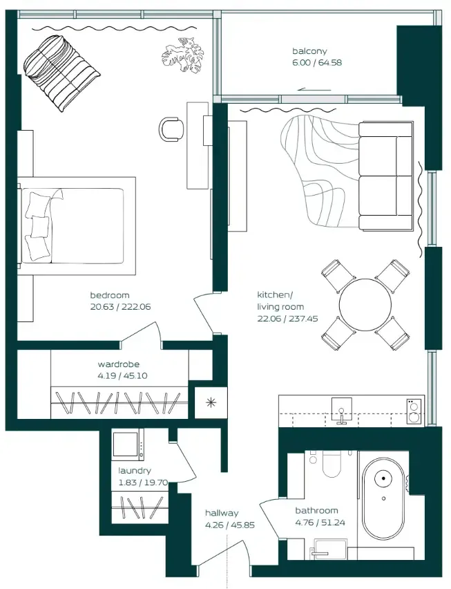 Vibe 1 bed floor plan, 764 sqft