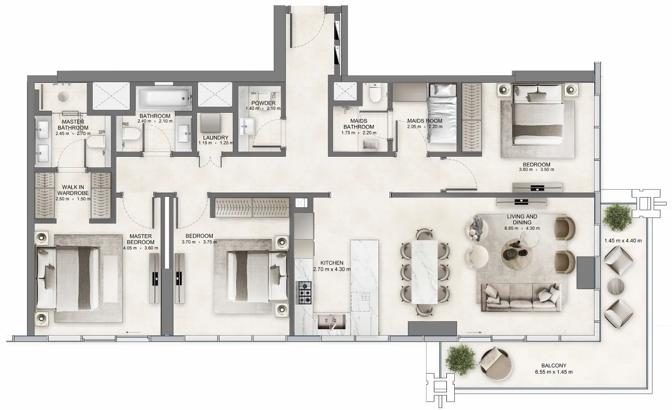 The Residences DIFC Zabeel District 3 bed floor plan, 1,898 sqft