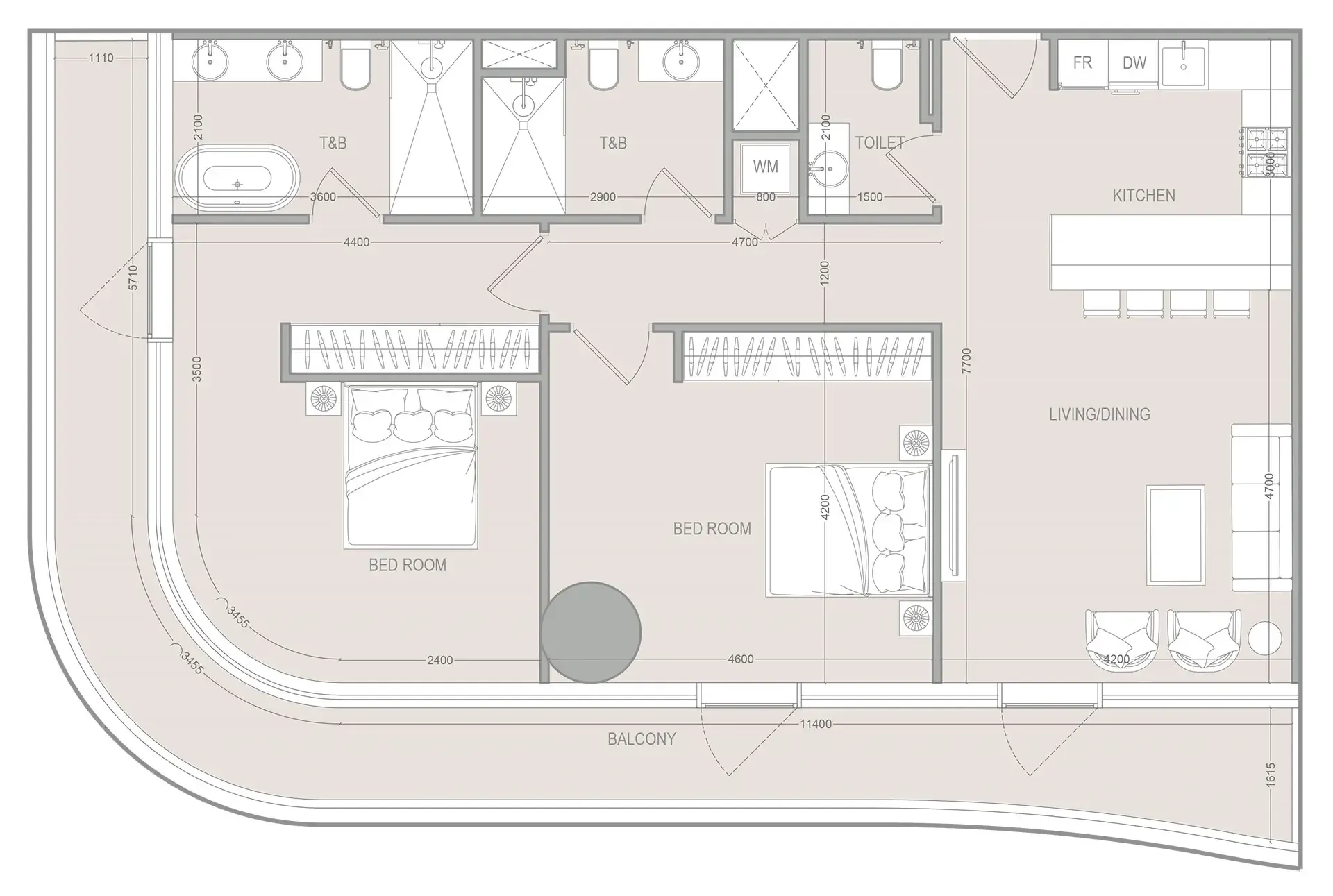 A1LA Residence 2 bed floor plan, 1,369 – 1,443 sqft