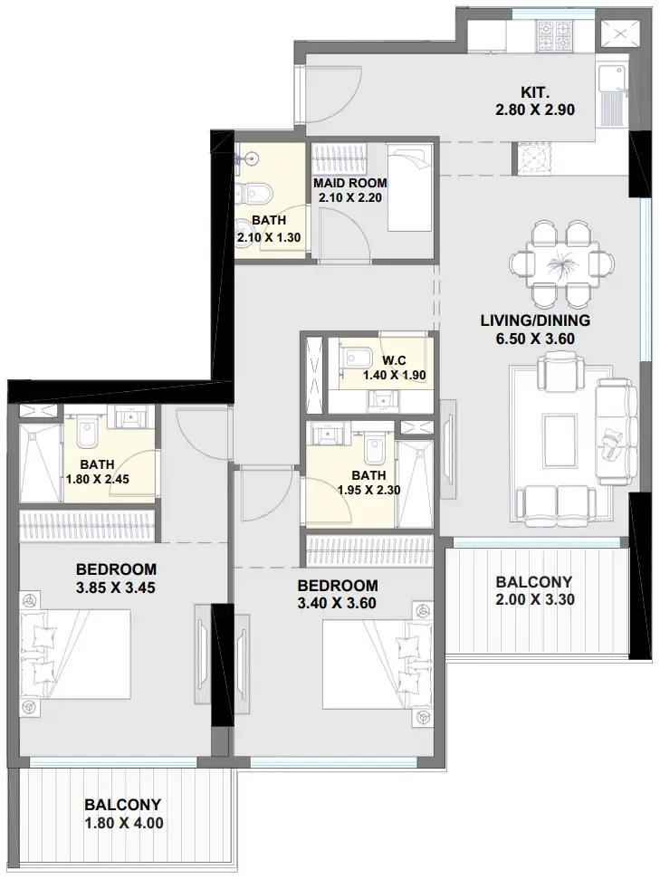 Ayaan Heights 1 2 bed floor plan, 1,296 sqft